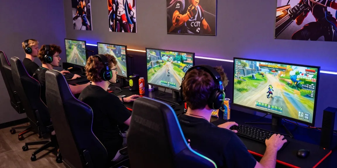 PROOFCORE.IO gamers actively strategizing in a vibrant Fortnite gaming setup with dual monitors and RGB lighting.