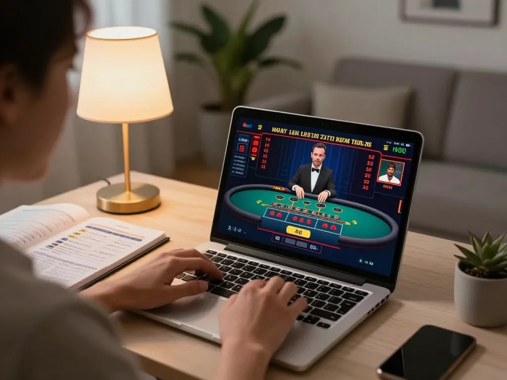 Engaging moment of online gambling using fabet platform, showcasing live dealer baccarat gameplay and strategic notes.