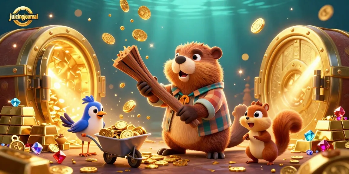 Juicingjournal features a vibrant casino scene with animated characters collecting gold coins amidst treasures.