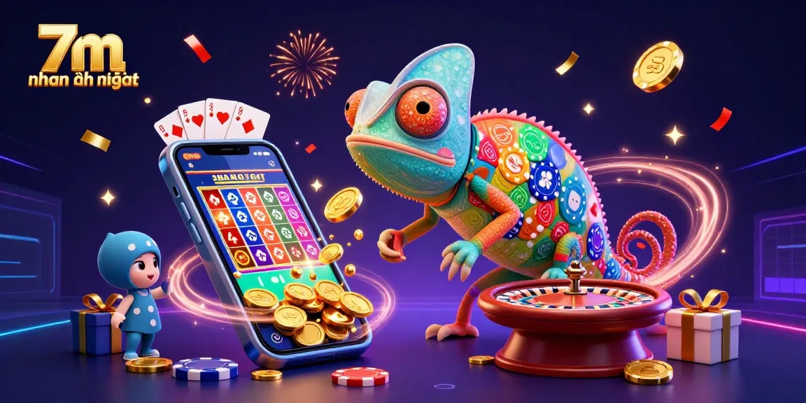 Engage in thrilling gameplay with 7m nhanh nhất, featuring a vibrant chameleon casino owner and exciting game elements.