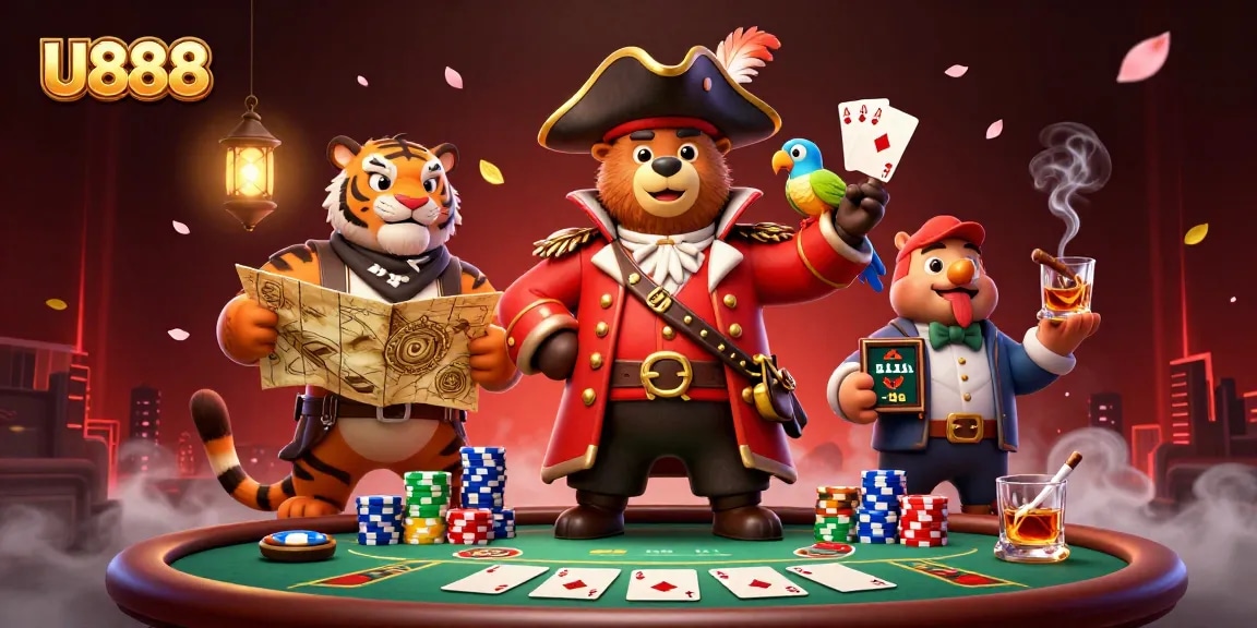 U888 players strategizing with a poker table stacked with chips and cards in an engaging 3D casino scene.