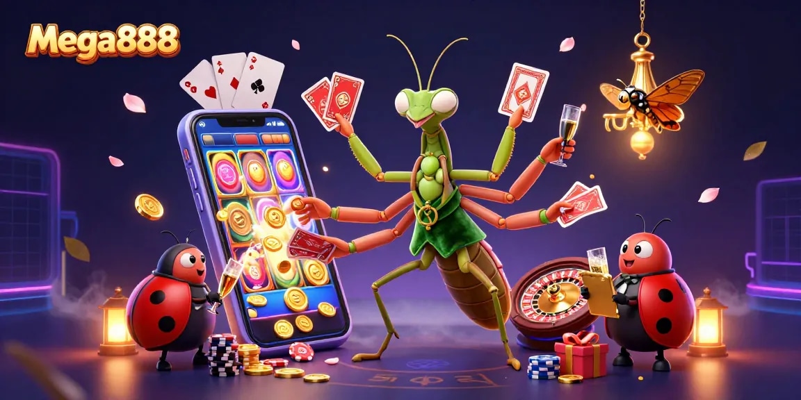 Experience mega888's thrilling slots with a giant mantis dealer and ladybug pit boss in a colorful casino scene