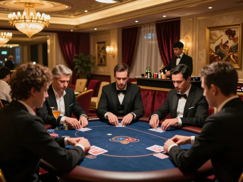 UG DEWA high-stakes poker game in an elegant casino VIP room with intense player focus