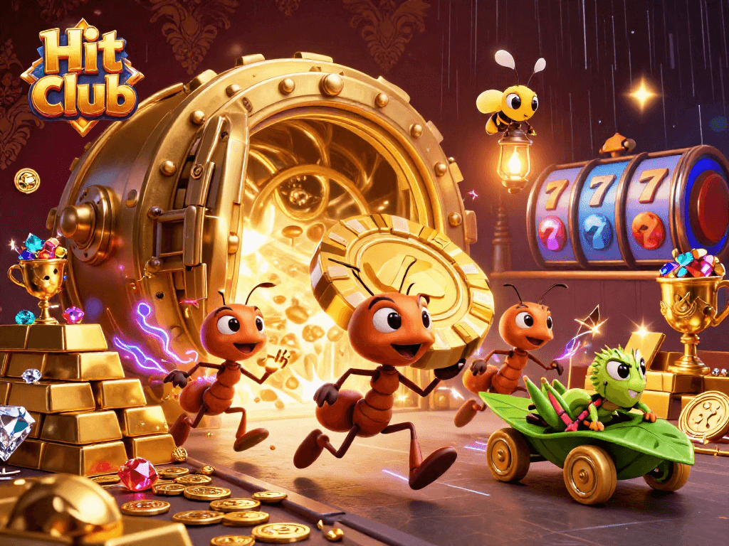 Hit club scene with ants heisting golden poker chips in a colorful casino background.