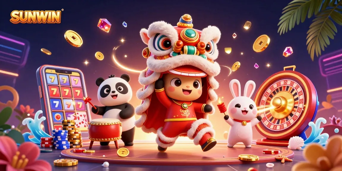 SUNWIN showcases an energetic casino scene with lion dance, drumming panda, and colorful game elements.