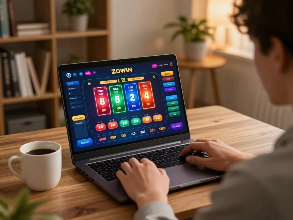 ZOWIN player engaging in online casino gaming with colorful interface on laptop in cozy home setting.