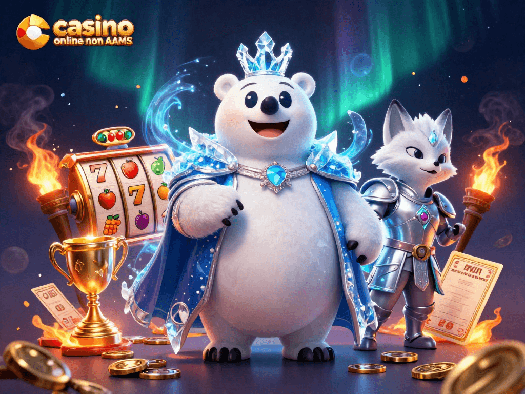Immagine dinamica che promuove casino online non AAMS con personaggi 3D in un ambiente da gioco affascinante.