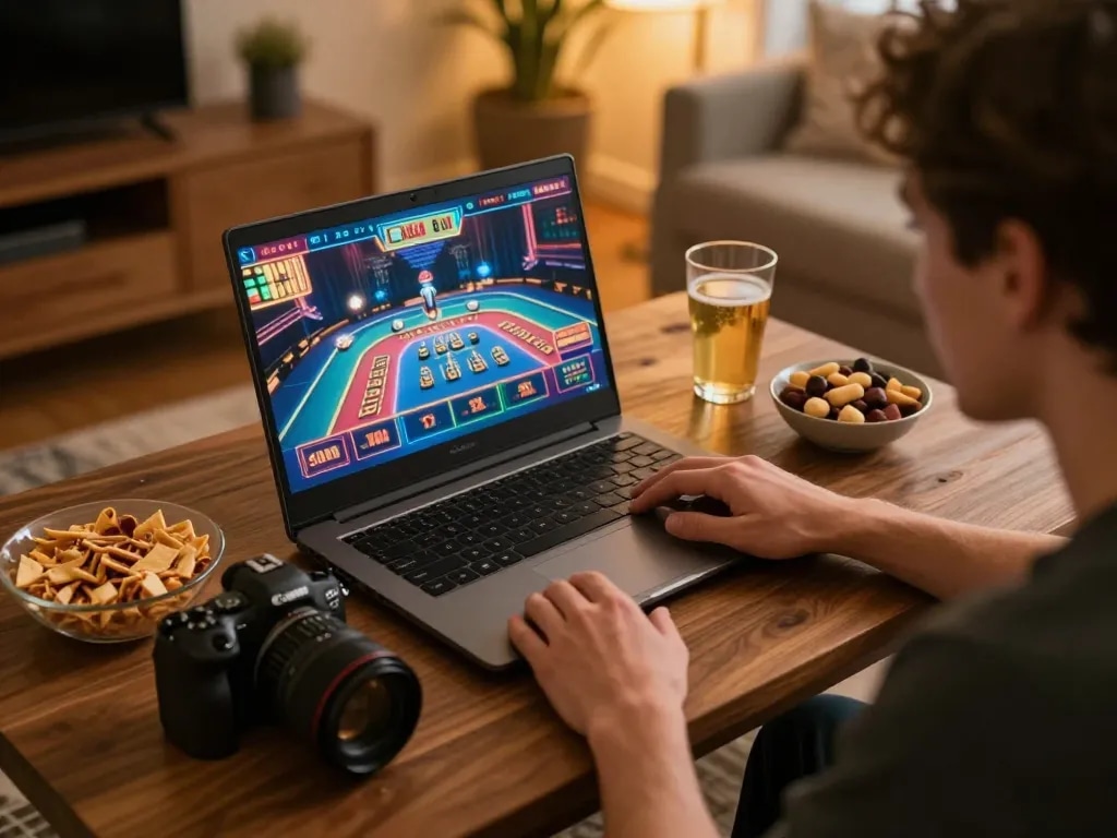 Player enjoying xx88 online casino game on a laptop at home, creating a cozy gaming atmosphere.