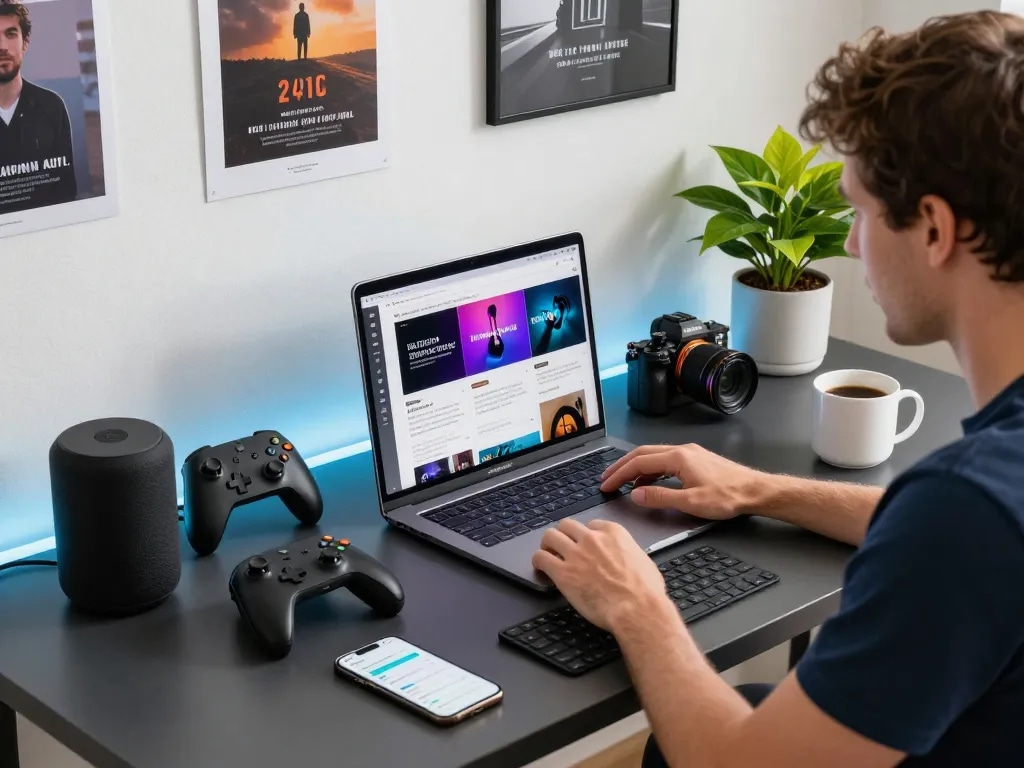 Explore cool tech gadgets under $159 in a modern home office scene featuring a gamer at work.