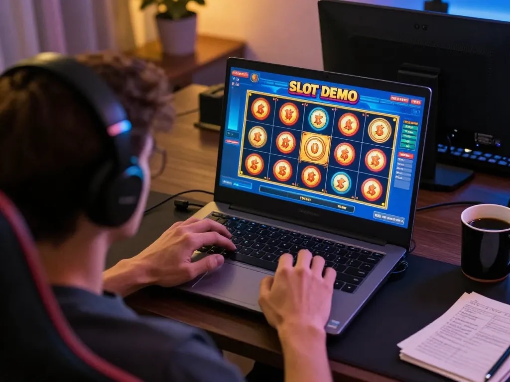Experience the excitement of Slot Demo gameplay on a laptop in a cozy home setting.
