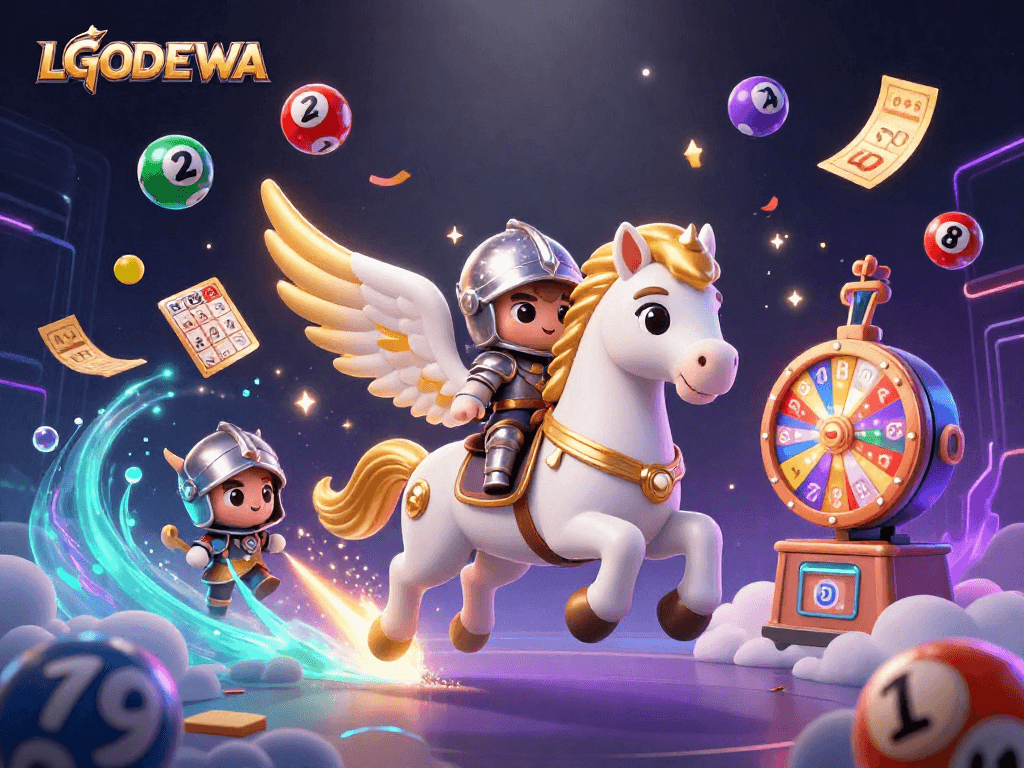 Engage in exciting lottery action with LGODEWA's vibrant 3D illustration featuring colorful games.