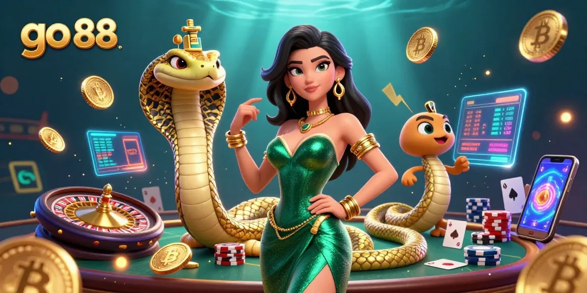 Join the thrill of go 88 with vibrant casino elements and a stunning 3D woman in a luxury gown.
