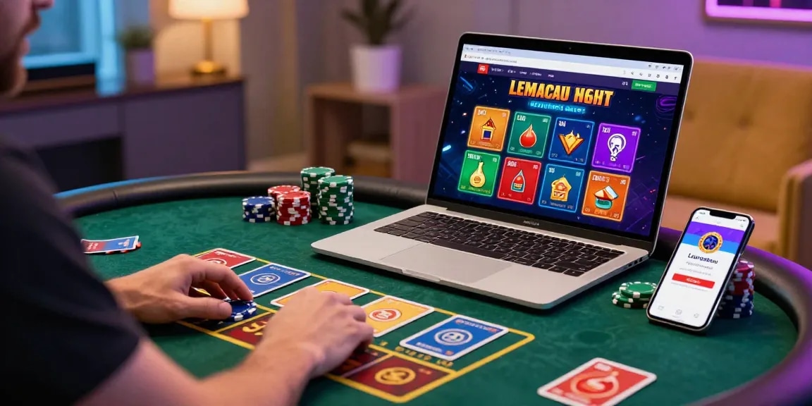 Lemacau Login interface displayed on a laptop with vibrant casino game elements.