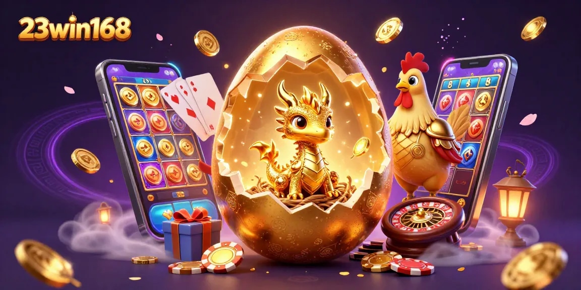 Experience the excitement of 23win168 with a dynamic scene featuring a golden dragon among casino elements.