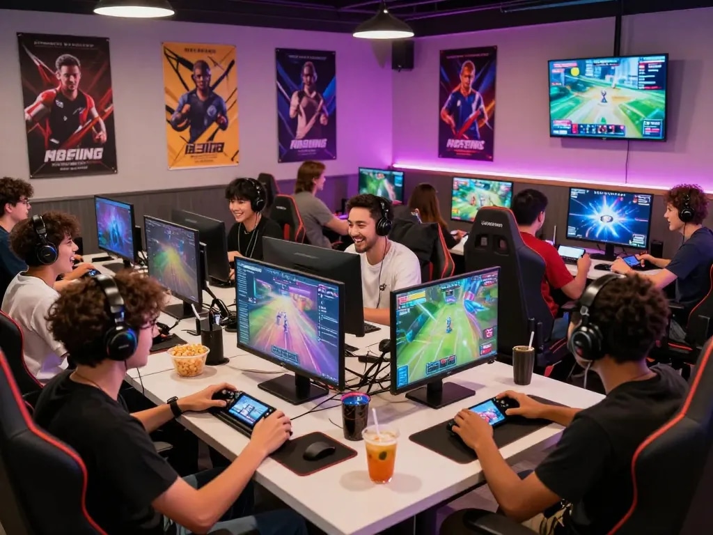 Gamers enjoying vibrant mobile gaming experience at www.mantra88.com gaming café.