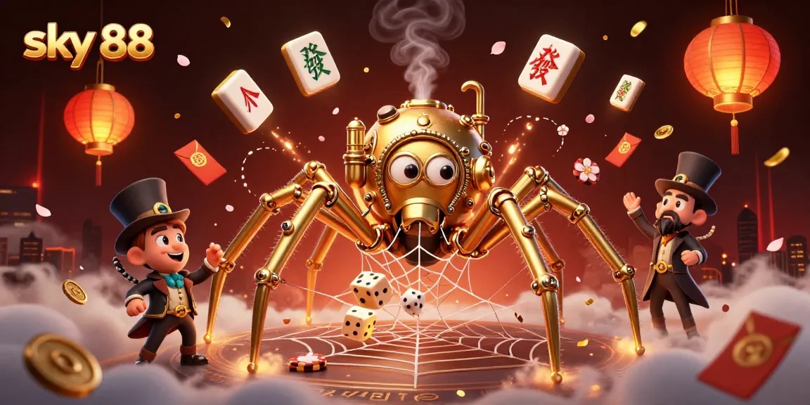 Engage with thrilling gameplay at sky 88 as golden spider captures dice among festive elements.