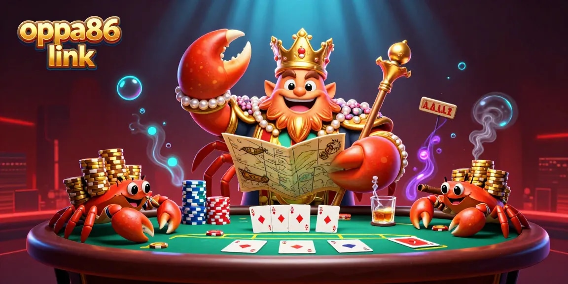 Engage with the oppa86 link in a vibrant casino scene featuring a golden crab emperor and poker elements.