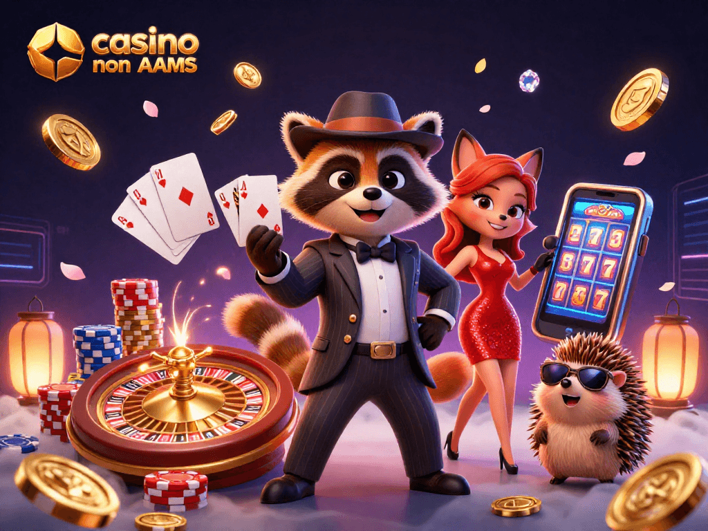 Gioca a casino online non AAMS con il signor procione elegante e i suoi compagni in un'atmosfera vibrante.