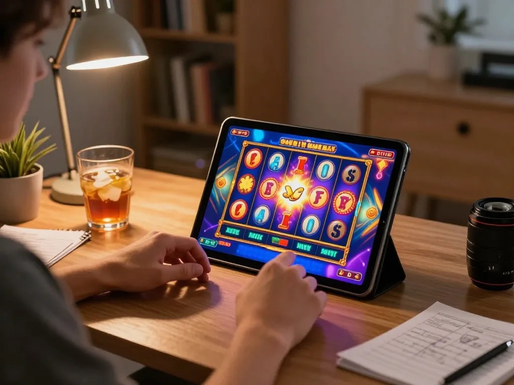 Winning strategies for Slot Online gaming highlighted in a cozy home setting with vibrant graphics.