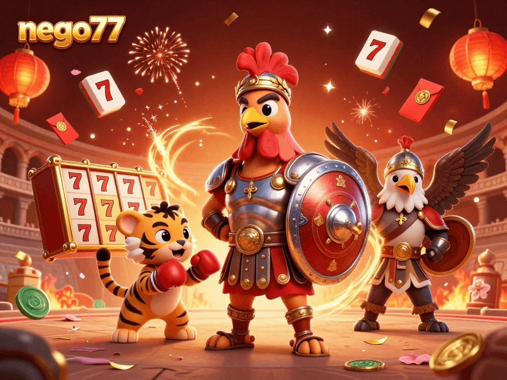 Engage with nego77's thrilling slots and betting adventures in a vivid, dynamic illustration.