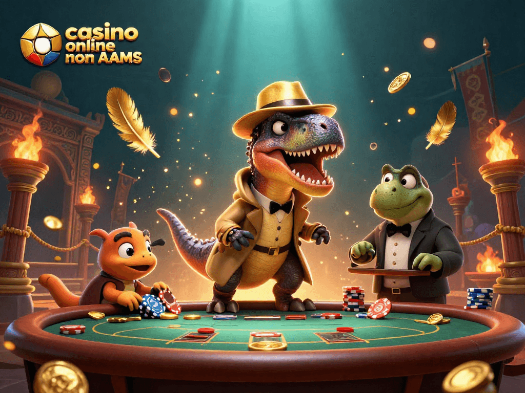 Il gioco avvincente nei casino online non AAMS, con un velociraptor al tavolo di blackjack.