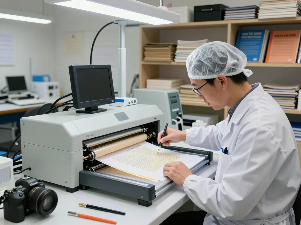 Document restoration process demonstrating Địa chỉ bóc ép plastic expertise in a modern workshop environment.