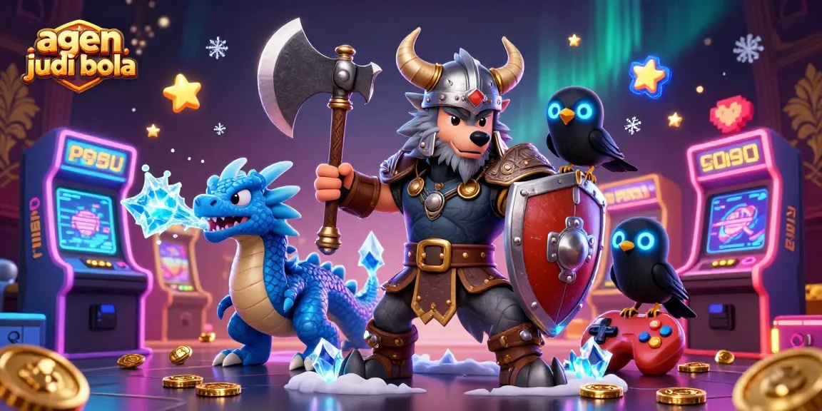 Engage with exciting agen judi bola gameplay in dynamic 3D illustration featuring a Viking warrior, dragon, and gaming elements.