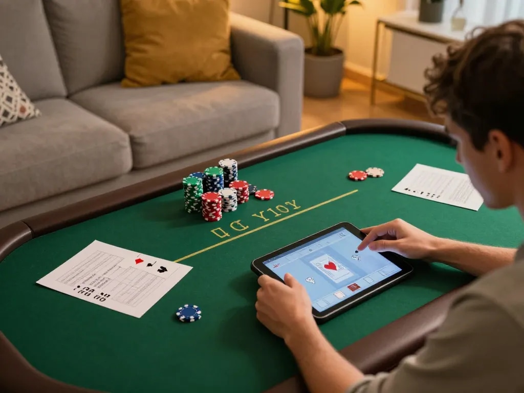 Player enjoys online poker on their tablet in a cozy home setup focused on 88clbgo gaming.