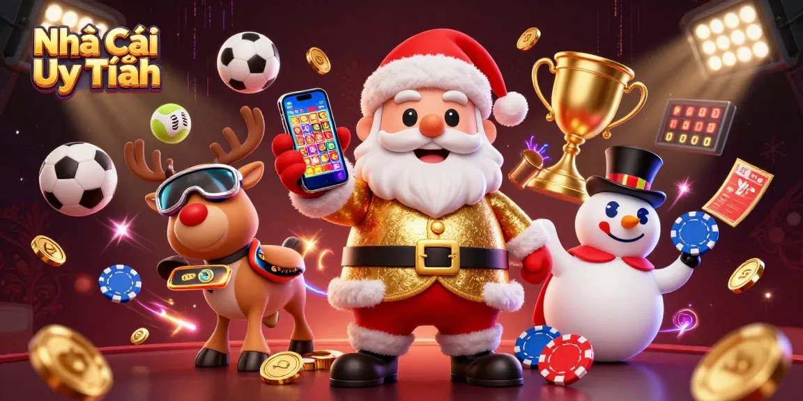 Experience excitement and wins with Nhà Cái Uy Tín in a vibrant casino scene with characters and sports elements.