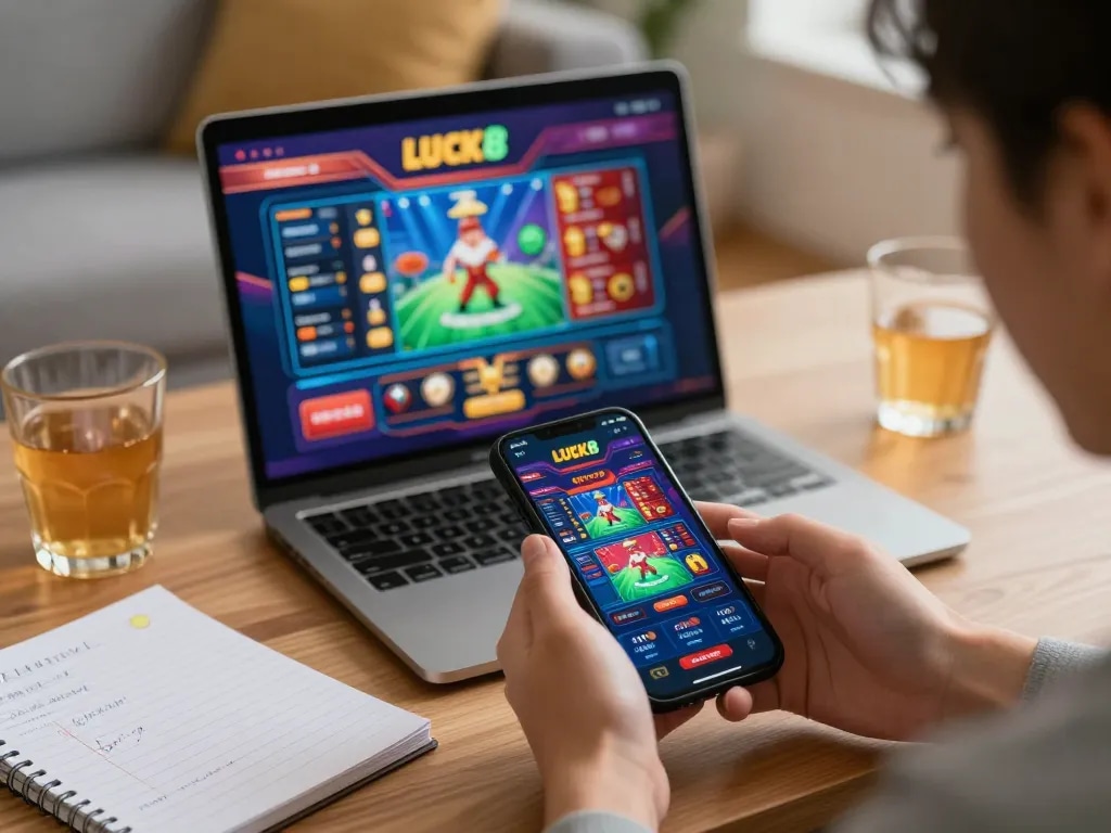 Trải nghiệm game di động LUCK8 với smartphone hiển thị các tính năng hấp dẫn của ứng dụng casino.