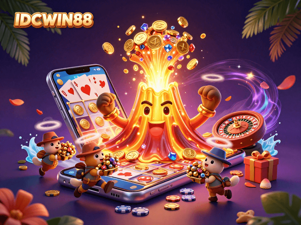 Experience thrilling wins at IDCWIN88 with explosive treasures from an erupting volcano in this vibrant casino scene.