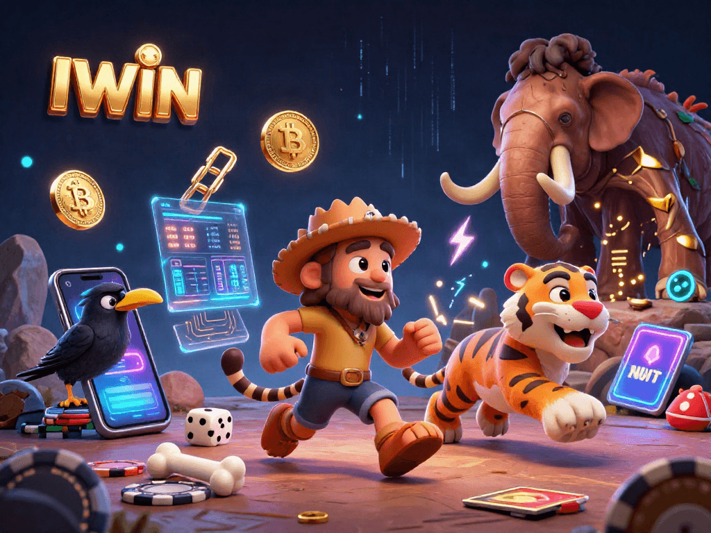 IWIN showcases a dynamic prehistoric casino scene with Bitcoin and Ethereum coins and lively cartoon characters.