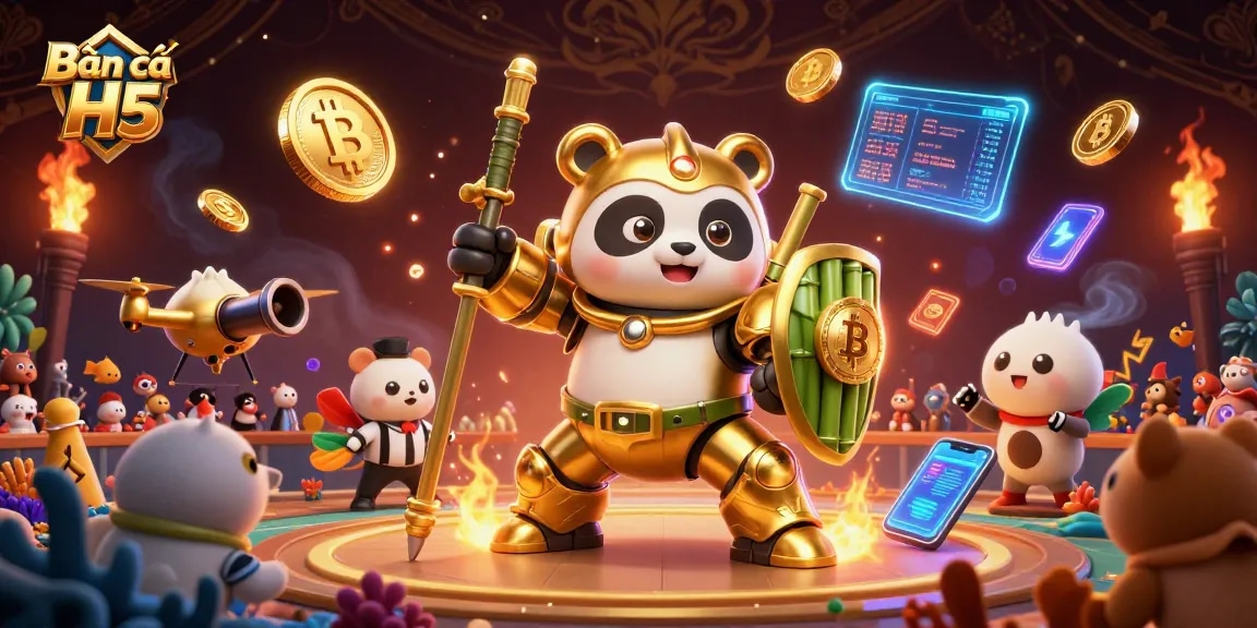 Bắn cá H5 showcases a lively underwater scene with dynamic gaming action, featuring vibrant fish, neon cryptocurrency coins, and a playful robot.
