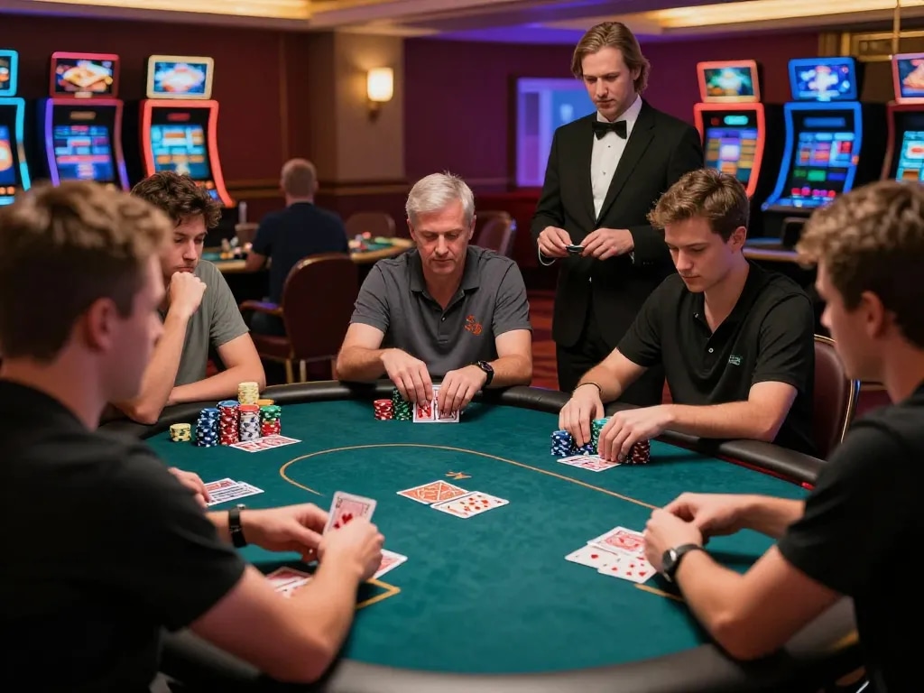 Players engaging intensely around a poker table at maxpoker88 casino, focusing on cards and strategy.