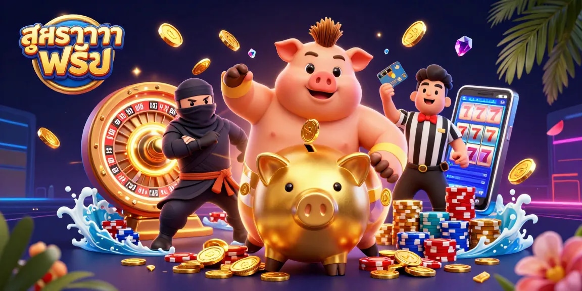 Experience สูตรบาคาร่า ฟรี with a 3D illustration of a golden piggy bank sumo wrestler and dynamic casino elements.