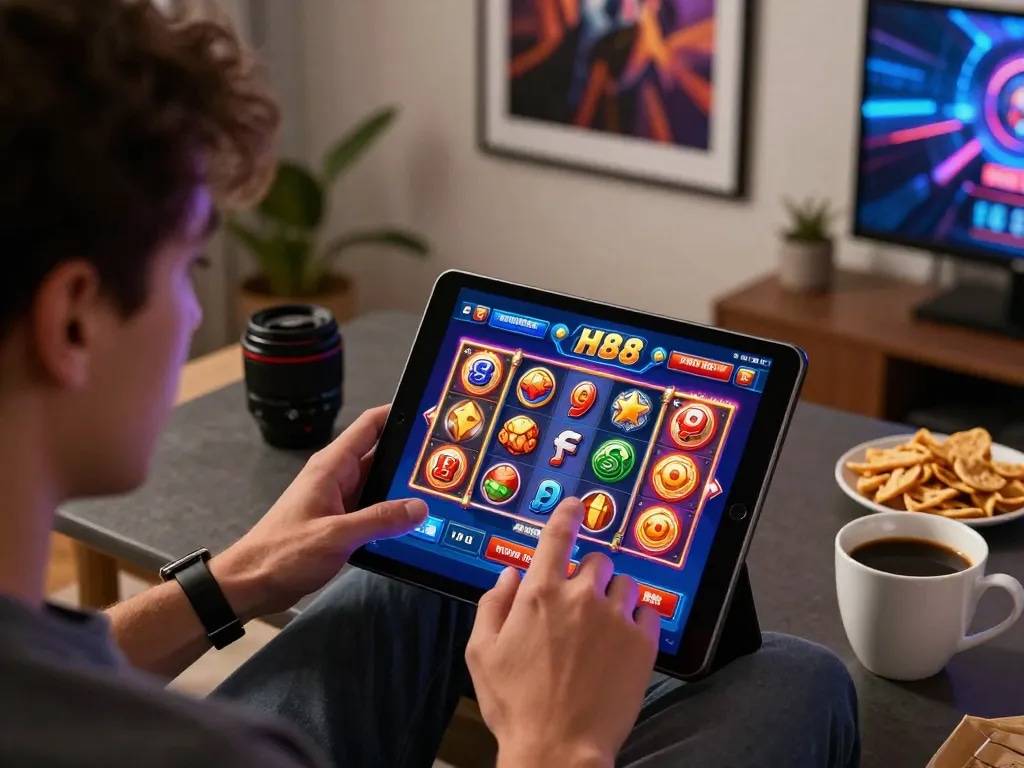 Engaging session on the slot88 app with vibrant game reels spinning on a tablet, capturing the excitement of online gaming.