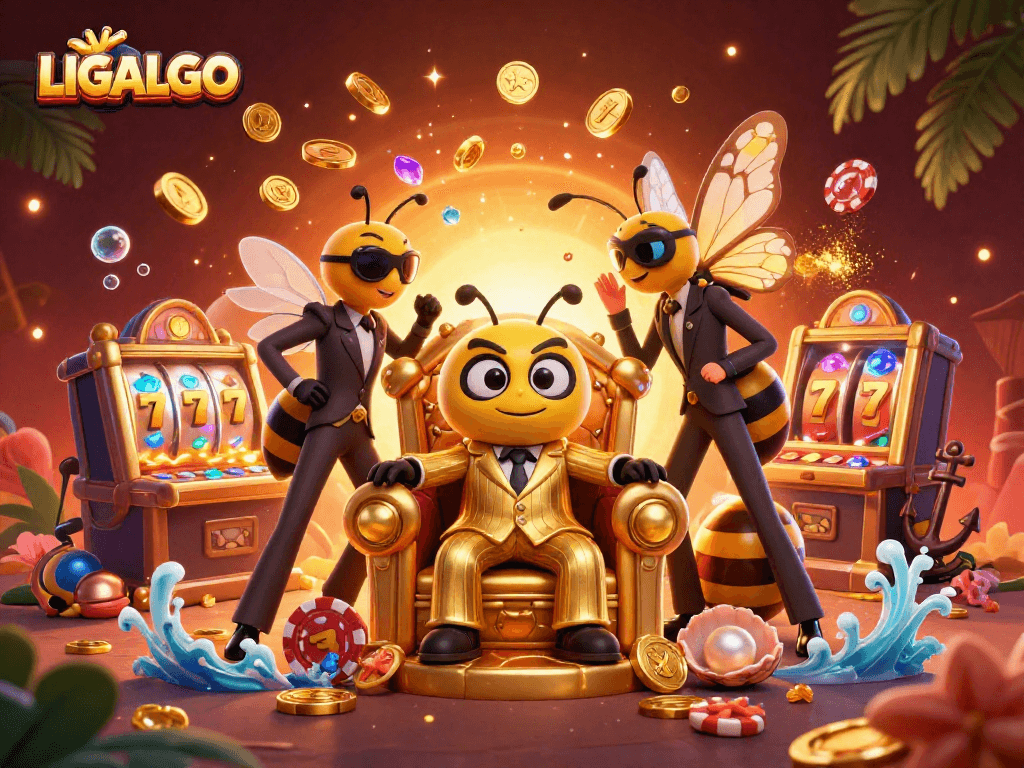Engage with LIGALGO visuals featuring a whimsical casino scene with a bumblebee mob boss.