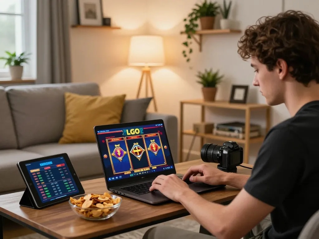 Engaging scene of a player immersed in LGO GOAL online slot games on a laptop at home, showcasing a relaxed gaming atmosphere.