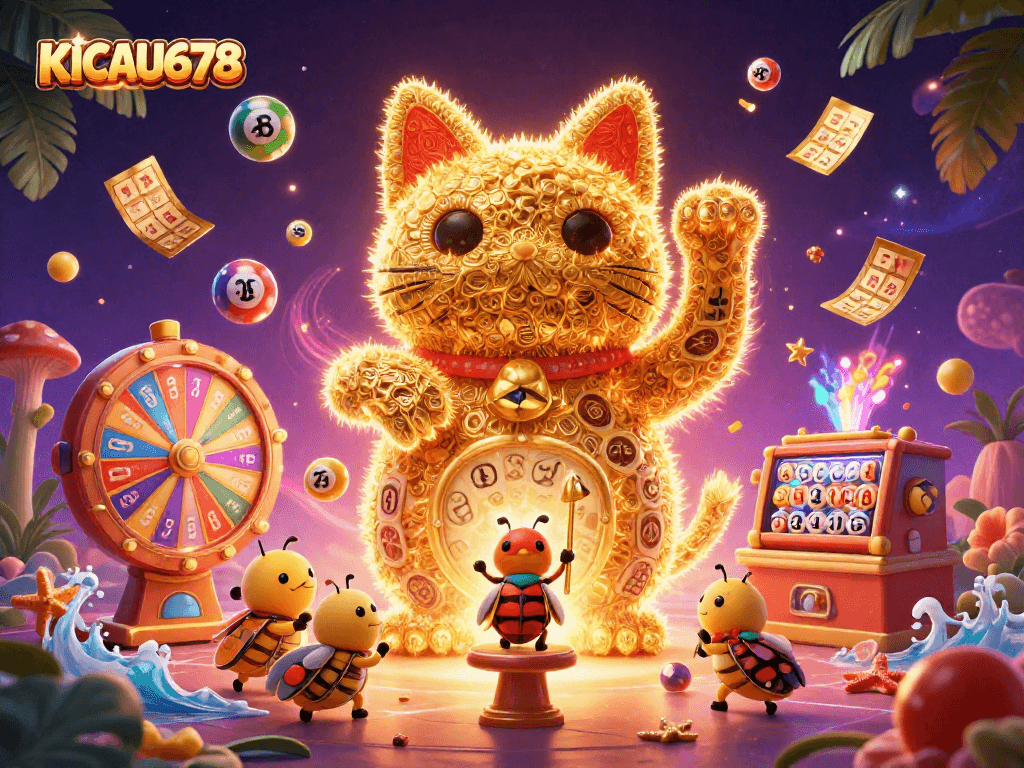 KICAU678 showcases a vibrant scene with a giant lucky cat formed by golden fireflies, surrounded by colorful lottery elements and a dynamic casino atmosphere.