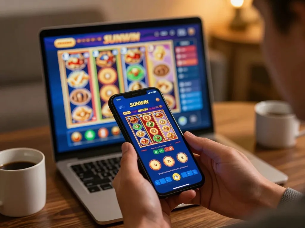 Engaging gameplay on SUNWIN app showcasing online casino games in a cozy living room