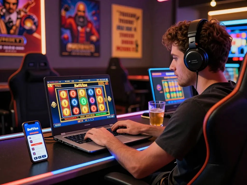 Engaging player enjoying BetVisa Slot online gaming experience with vibrant atmosphere and modern aesthetics.