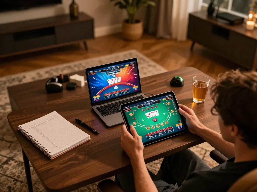 mantra88 user engaged in online poker gameplay, showcasing strategy and responsible gaming setup