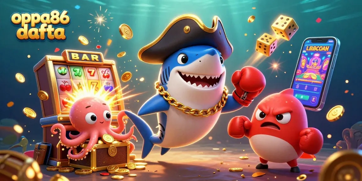 Play thrilling casino games with oppa86 dafta alongside cartoon characters amid an explosion of gold coins.
