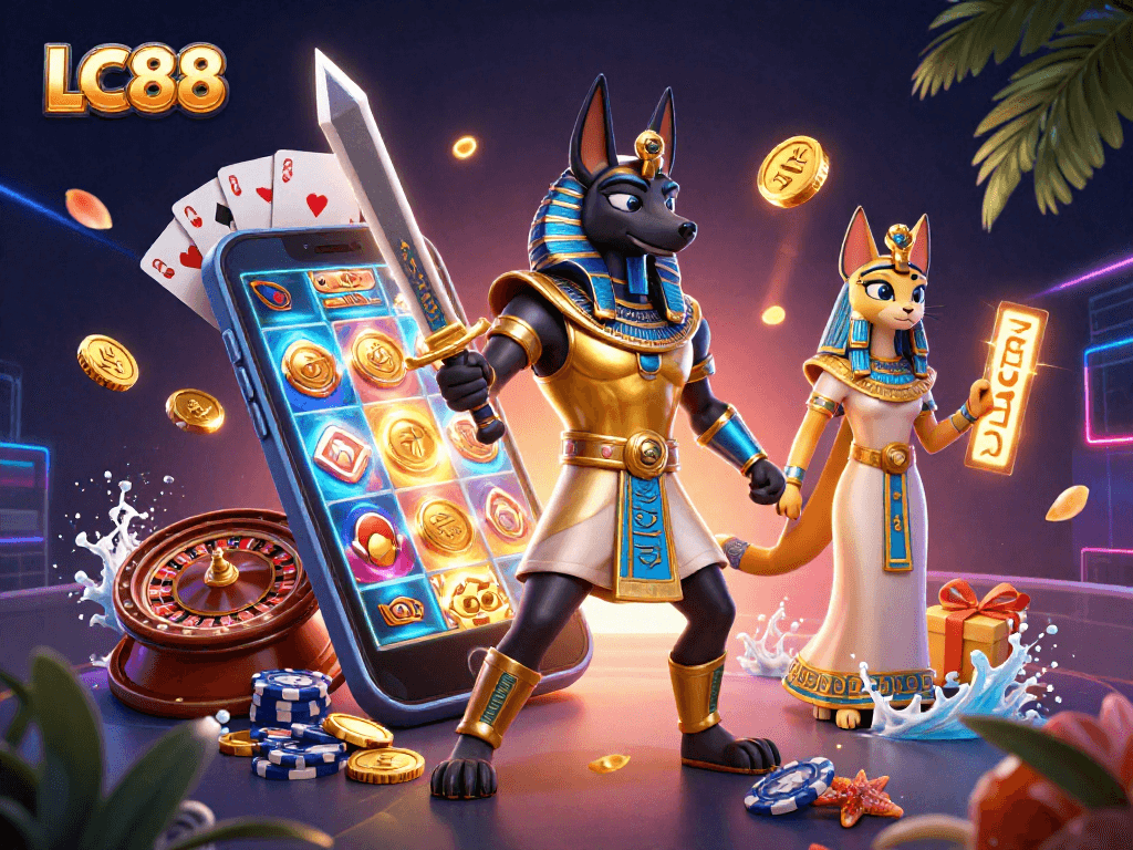 Engage with vibrant slot games and ancient Egyptian themes at LC88, featuring Anubis and Bastet in a rich digital scene.