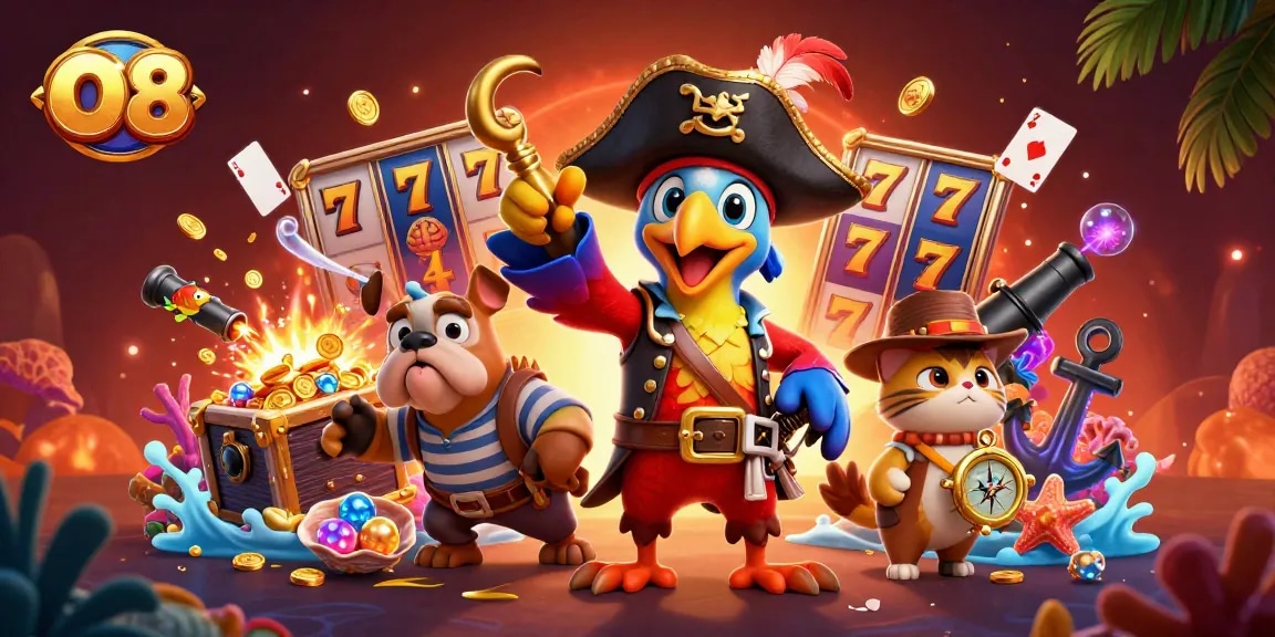O8 navigators spinning slot reels amidst pirate treasures in a vibrant, cartoonish casino scene.