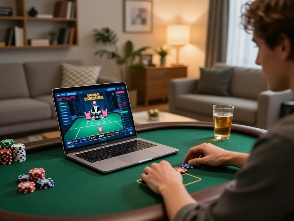 Engaging in online gaming at Trang chủ Bet88 with a cozy home setup and poker interface.
