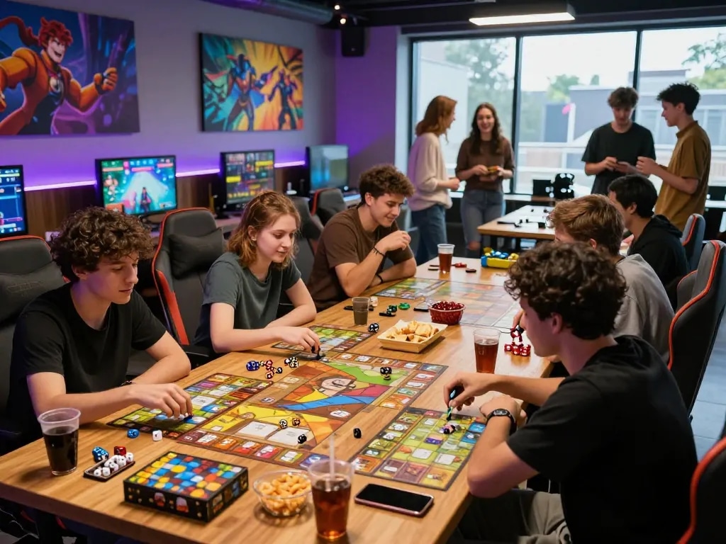 Engaging gaming lounge scene with friends enjoying wraungtoto tabletop games.