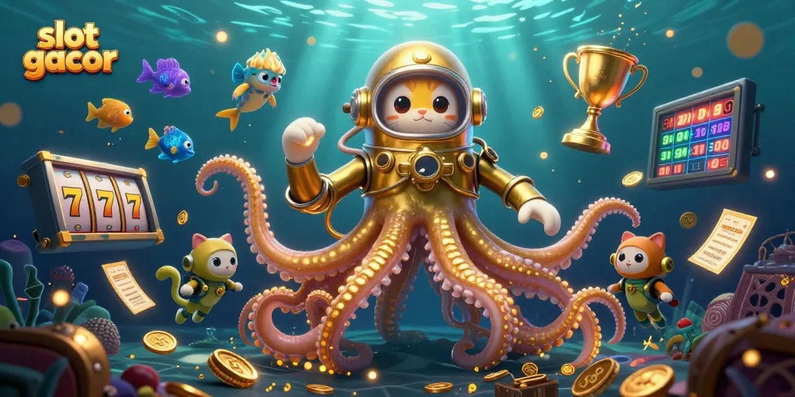 Engage in slot gacor excitement with a cartoon kraken, diving cat, and glowing sea creatures in this lively 3D scene.