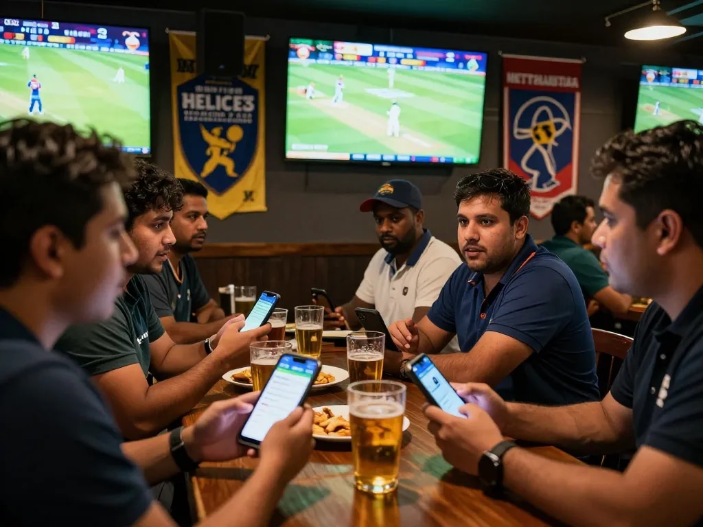 Crickex app being used by cricket fans in a lively sports bar for live betting.