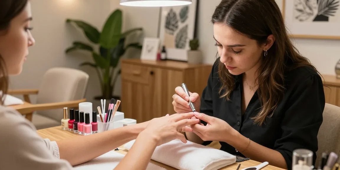 Paradise Nail Beauty salon scene with a nail technician providing a luxurious manicure.